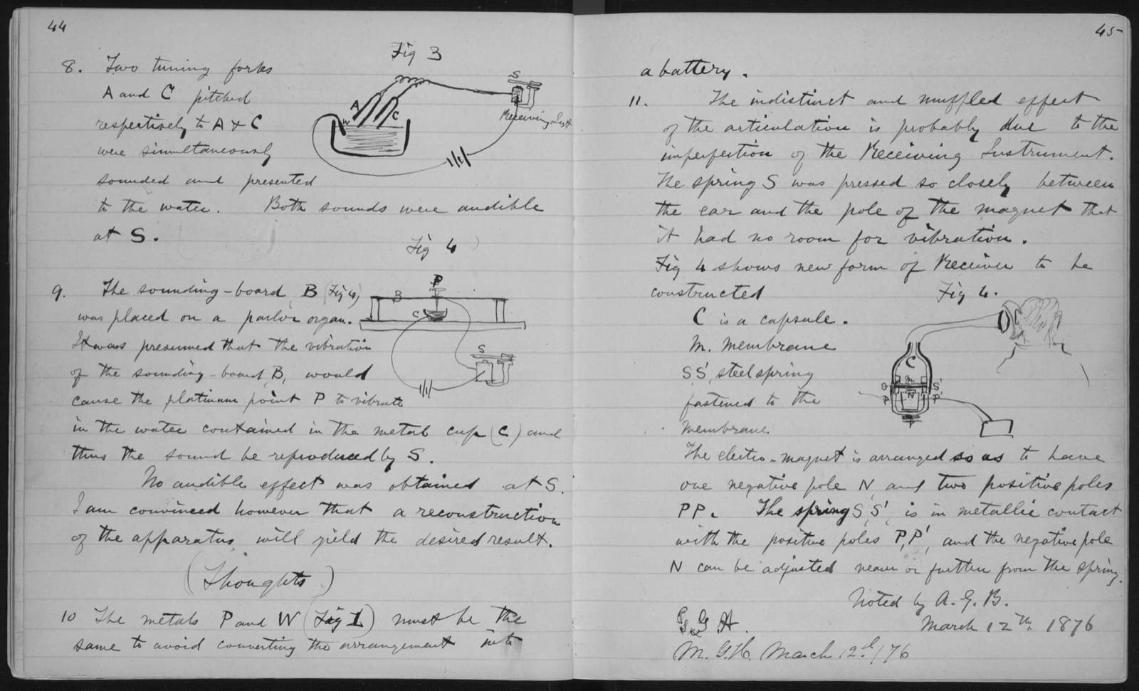 Two handwritten notebook pages with diagrams of tuning forks and a receiver, signed and countersigned at the foot.