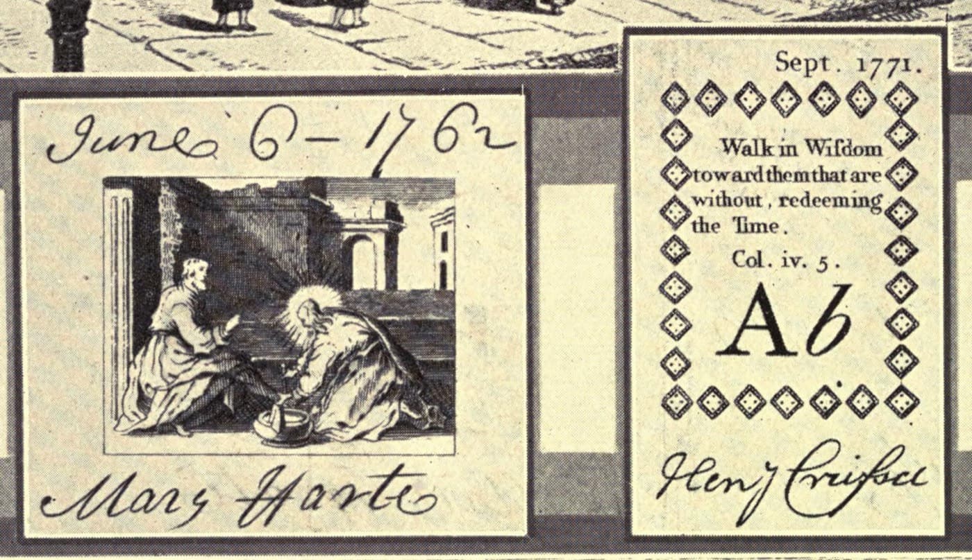 Two engraved eighteenth century Methodist membership tickets, each with a printed date and scripture and a handwritten member's name.