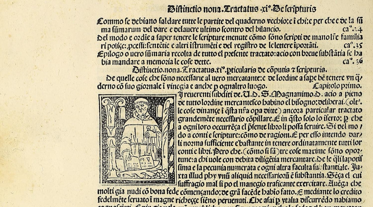 A page of 1494 Venetian blackletter printing headed Distinctio nona, with a woodcut initial showing a seated friar.